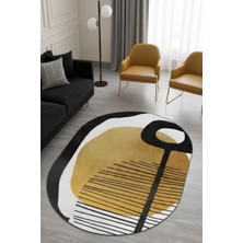 Qatalina Modern Soyut Desenli Halı | Hardal Siyah | Salon Oturma Odası Dekoratif Kaymaz Halı -Oval