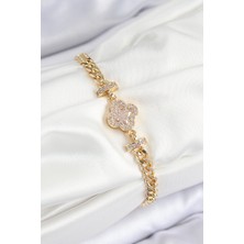 Hkursat Pirinç Zirkon Taşlı Yonca Model Gold Renk Kadın Bileklik