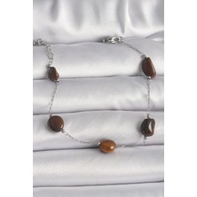 Hkursat 316L Çelik Gümüş Renk Zincir Kahverengi Doğaltaş Model Kadın Bileklik