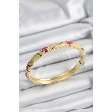 Mineli Hkursat Pirinç Pembe ve Krem Çiçek Motifli Gold Renk Kadın Kelepçe