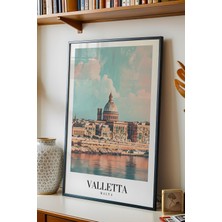 E2 Nova Valletta Malta Vintage Seyahat Posteri Çerçeveli Tablo - Premium Akdeniz Silüeti Elit Duvar Dekoru