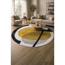 Qatalina Modern Soyut Desenli Halı | Hardal Siyah | Salon Oturma Odası Dekoratif Kaymaz Halı-Yuvarlak