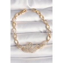 Hkursat Pirinç Gold Renk Zirkon Taşlı Kuğu Figür Damla Zincir Model Kadın Bileklik