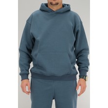 Souris Erkek Petrol Mavisi Oversize Kapüşonlu Sweatshirt 3 Iplik Şardonlu Kanguru Cepli