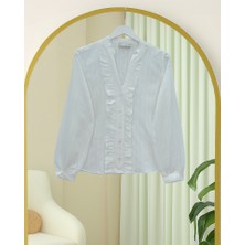 Queene Dreams V Yaka Önü Fırfırlı Tensel Yari Transparan Buket Gömlek -Beyaz