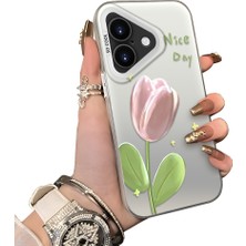 Ucuc iPhone 16 Uyumlu Silikon Kenar Sert Arka Anti Düşme Kılıfı Lale Deseni
