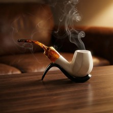 Goldenlight Meerschaum El Oyması Lületaşı Pipo 16CM | 9mm Filtreli | Akrilik Kehribar Desen Ağızlık