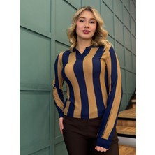 Kadın Stamina Polo Yaka Çizgili Kazak