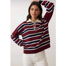 Kadın Çizgili Polo Yaka Triko Sweatshırt