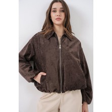 Queene Dreams Büzgülü Oversize Kadife Ceket 0733 - Kahverengi