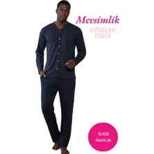 Bie's Erkek V Yaka Önden Düğmeli %100 Pamuk Penye Mevsimlik Uzun Kol Cepli Pijama Takımı