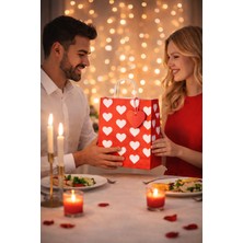 Palifix Set (Poşet+Ip+ Kart) 25X31 Çok Kalpli Kırmızı Kraft Hediye Çantası Seti