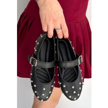 OEY Fashions Ritta Siyah Cilt Kemerli Babet Ayakkabı