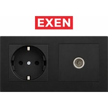 Exen Karel Metalik Siyah Topraklı Priz+ Uydu Priz  2'li Set