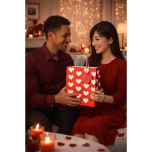 Dekals Set (Poşet+Ip+ Kart) Çok Kalpli Kırmızı Kraft Hediye Paketi Seti 25X12X31