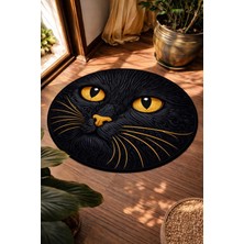 Qatalina Siyah Kedi Desenli Yuvarlak Halı | Kaymaz Taban | Antre Salon Modern Dekoratif Halı