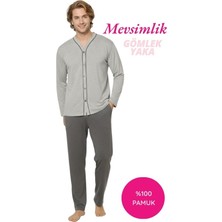 Alimer Erkek Gri V Yaka Önden Düğmeli %100 Pamuk Penye Mevsimlik Uzun Kol Cepli Pijama Takımı