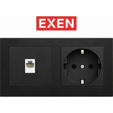 Exen Metalik Siyah Topraklı Priz+Telefon Priz  2'li Set