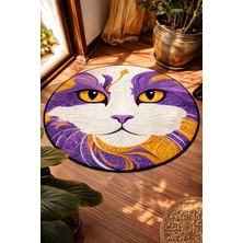 Qatalina Mor Beyaz Kedi Desenli Yuvarlak Halı | Kaymaz Taban | Antre, Salon, Çocuk Odası Dekoratif Halı