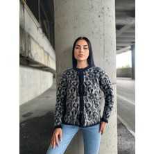 Rengamoda Kadın Leopar Desen Yumoş Triko Düğmeli Hırka Mont