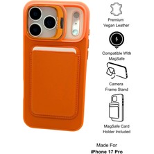 Paladyum Case iPhone 17 Pro Uyumlu Premium Turuncu Deri Magsafe Cüzdanlı Kartlıklı Kamera Çerçeve Standlı Kılıf