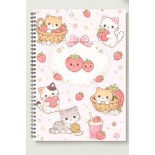 Black-One Çilek&kedi  Temalı A5 Metal Spiralli Çizgisiz Kalın Bristol Kapak Çilek&kedi Temalı Defter