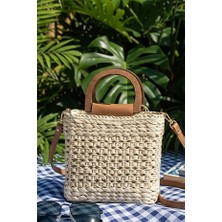 Fashion Cocktail Ahşap Saplı Yazlık Hasır Büzgü Astarlı El Çantası