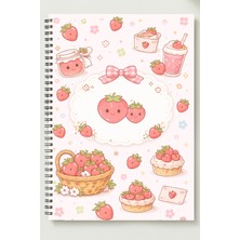 Black-One Çilek Temalı A5 Metal Spiralli Çizgisiz Kalın Bristol Kapak Çilek Temalı Defter