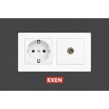 Exen Beyaz Topraklı Priz+Uydu Priz 2'li Set