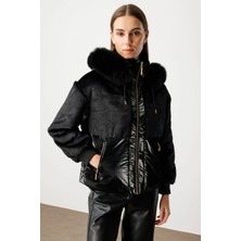 Ekol Kürk Detaylı Parlak Siyah Kadın Şişme Mont 06609