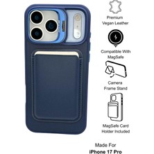 Paladyum Case iPhone 17 Pro Uyumlu Premium Lacivert Deri Magsafe Cüzdanlı Kartlıklı Kamera Çerçeve Standlı Kılıf