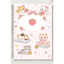 Black-One Çilek&kedi Temalı A5 Metal Spiralli Çizgisiz Kalın Bristol Kapak Çilek&kedi Temalı Defter