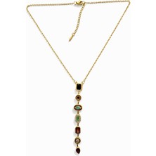 World Araştırma Çok Taşlı Dikey Tasarım Altın Renk Paslanmaz Çelik Kolye