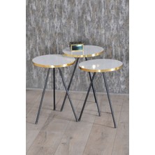 Zigon Sehpa 3 Lü Siyah Metal Ayak Altın Beyaz