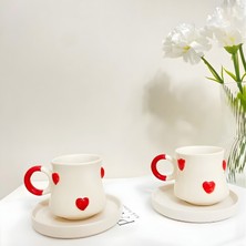 2'li Kalp Kabartmalı Seramik El Yapımı Kahve Fincan Takımı