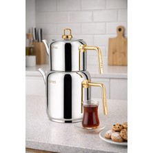 Lines LCM-0102-3 Mercan Aile Boy Paslanmaz Çelik Gold Kulp 1.25-2.80 Lt Çaydanlık Takımı