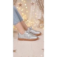 Mocno Kız Çocuk Gümüş Simli Cırtlı Günlük Rahat Taban Sneaker Spor Ayakkabı