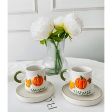 2'li Balkabağı Kabartmalı Seramik El Yapımı Kahve Fincan Takımı