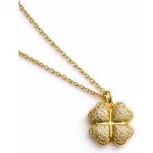 World Araştırma Taşlı Dört Yaprak Yonca Figürlü Altın Renk Paslanmaz Çelik Kolye