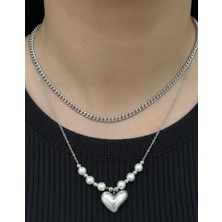 Nurora Gümüş Inci Kalp Detaylı Ikili Çelik Kolye