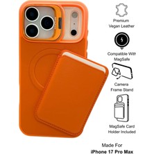 Paladyum Case iPhone 17 Pro Max Uyumlu Premium Turuncu Deri Magsafe Cüzdanlı Kartlıklı Kamera Çerçeve Standlı Kılıf