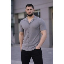 Erkek Waffle Kumaş Kısa Kollu Düğmeli Açık Yaka Regular Fit Gömlek - Gri