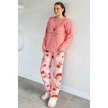 Gülseli Kadın Ön Baskılı Bisiklet Yaka Polar Pijama Takımı P-00020348