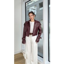 Asmil Deri Kol Ucu Kemer Detaylı Kadın Crop Deri Ceket