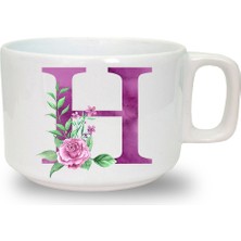 Mor Renkli H Harfi Baskılı Seramik Beyaz Kahve Kupası
