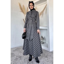 Julude Gülseli Ekose Desenli Bel Bağlamalı Tesettür Elbise P-00020377