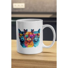 Renkli Havalı Gözlüklü Kediler Kupa | 3 Kedi Kupa | Kedi Baskılı Kupa Bardak | Kedili Kupa