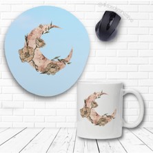 Çiçekli Ay Baskılı Bilek Destekli Mouse Pad ve Kupa Bardak