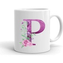 Mor Renkli P Harfi Baskılı Seramik Beyaz Kahve Kupası
