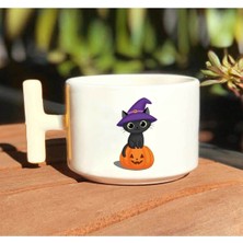 Kedi Balkabağı Üstünde Baskılı Beyaz T Kulp Kupa Bardak